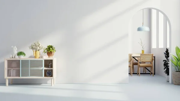 White minimalist interior dining room interior minimal style on white wall.3d rendering