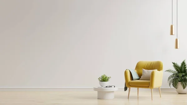 Interior has a yellow armchair on empty white color wall background.3d rendering