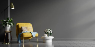 Modern oturma odasının içinde sarı koltuk, yeşil bitkiler, lamba, masa, arka plan 33d.
