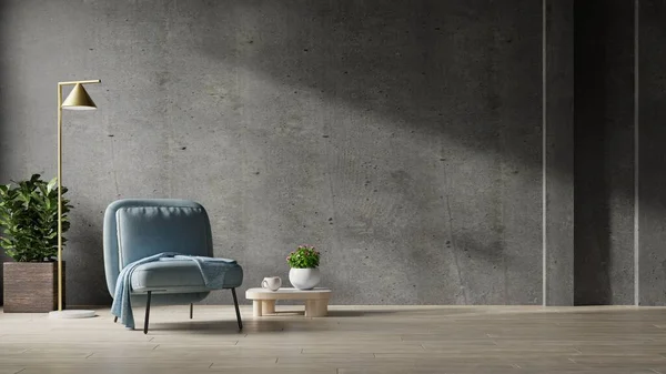 Blue armchairs standing on wood flooring in concrete wall empty room.3d rendering