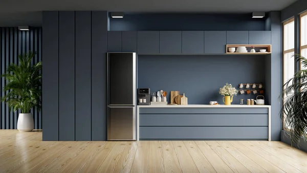 Diseño Interior Cocina Estilo Moderno Con Renderizado Wall Azul Oscuro — Foto de Stock