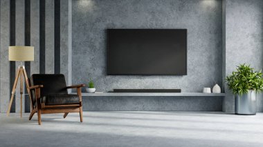 Oturma odasındaki dolaba beton duvar döşenmiş. Deri koltuk ve dekorasyon minimal.3d.