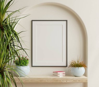 Poster mockup with vertical black frame in in living room.3d rendering