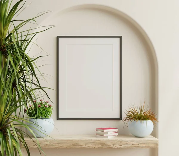 Poster Mockup Vertical Black Frame Living Room Rendering — Foto Stock