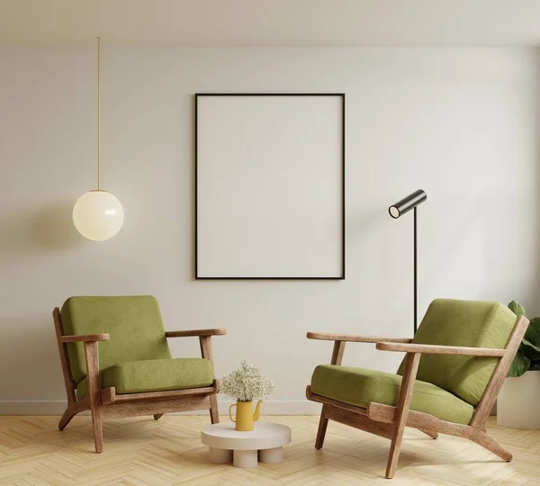 Mock Poster Frame Modern Interior Background Green Armchair Accessories Room — Zdjęcie stockowe