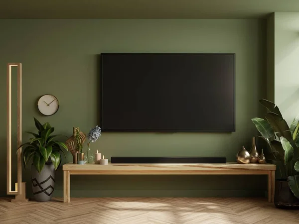 Room Green Wall Background Modern Living Room Decor Wooden Shelf — Stockfoto