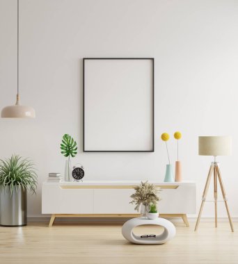 Modern iç mekan 3D tasarımı ile poster çerçevesini kabineye yapıştır