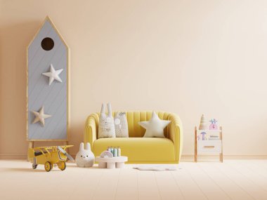 Çocuk odasındaki duvarda krem rengi, sarı kanepe ve 3D duvar resmi var.