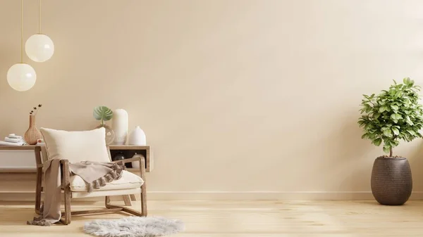 Cream Color Wall Mock Warm Tones Armchair Decoration Minimal Rendering — 스톡 사진