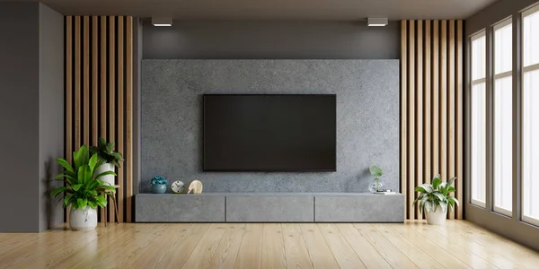 Concrete wall mounted tv in modern living room.3d rendering