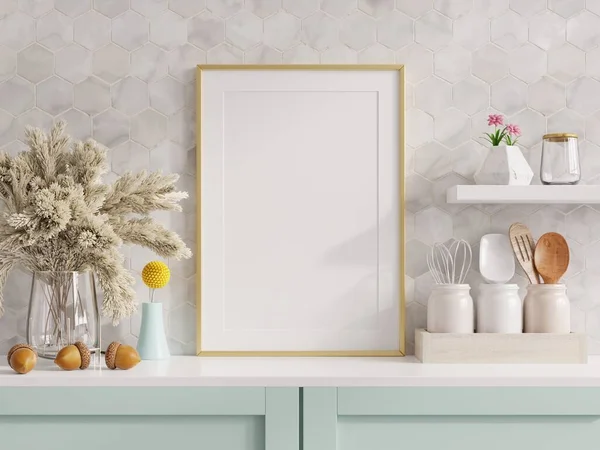 Mock Poster Frame Kitchen Interior Accessories Hexagon Marble Wall Rendering — ストック写真