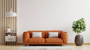 Beyaz oturma odasının içinde turuncu deri kanepe ve dekorasyon minimal.3d.