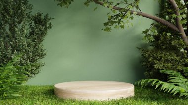 Wood podium presentation mock up for product presentation on green wall.3d rendering