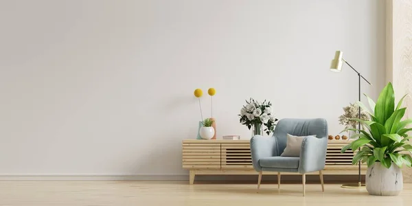 Wohnzimmer Mit Holzschrank Und Sessel Auf Weißem Wandhintergrund Rendering — Stockfoto