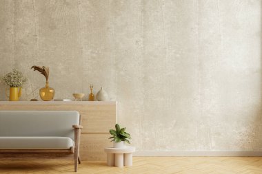 Loft style house with sofa and accessories in the room on concrete wall.3d rendering