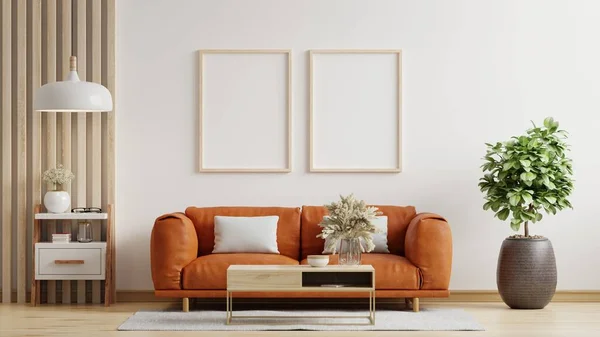 Mock Poster Frame Modern Interior Leather Sofa Accessories Room Rendering — 스톡 사진