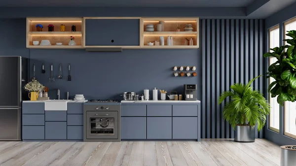 Розкішний Кутовий Дизайн Кухні Темно Синьою Стіною Візуалізація — стокове фото