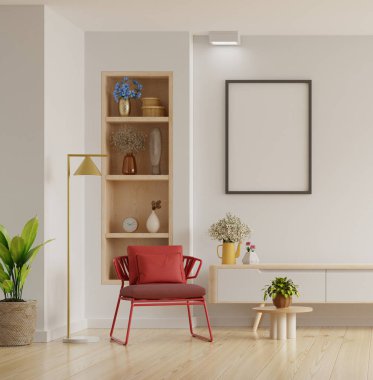 Mockup poster frame with red armchair and accessories in the room.3D rendering