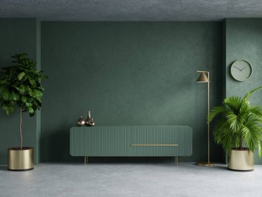 Living room with cabinet for tv on dark green color wall background.3d rendering