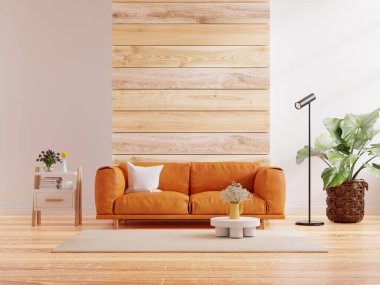 Leather sofa in modern empty room with behind the wooden wall.3D rendering