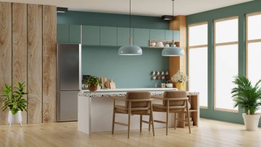 Luxury kitchen room corner design with dark green wall.3D rendering
