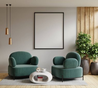 Mock up poster frame in modern interior with green armchair and accessories in the room.3D rendering