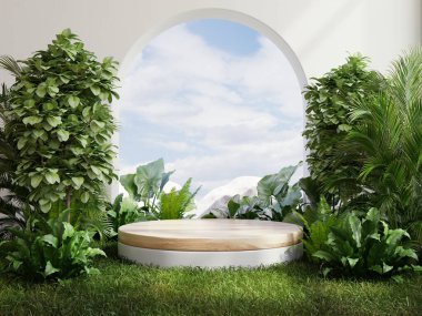 Circle podium in tropical forest for product presentation Behind is a view of the sky.3D rendering