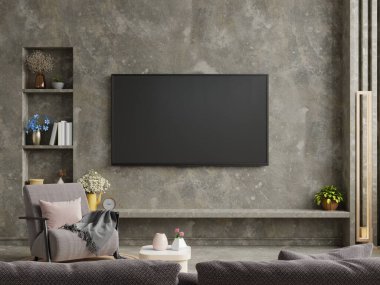 Concrete wall mounted tv on cement shelf in living room with dark brown sofa.3D rendering