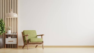 Living room has a green armchair on empty white color wall background.3D rendering