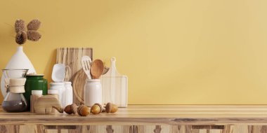kitchen interior with kitchen standing on wooden shelf and yellow wall.3D rendering