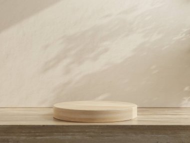 Wood podium in abstract cream color composition for product presentation.3D rendering