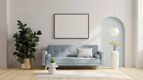 Poster Frame Mock Blue Sofa Decor Living Room Rendering — Fotografia de Stock