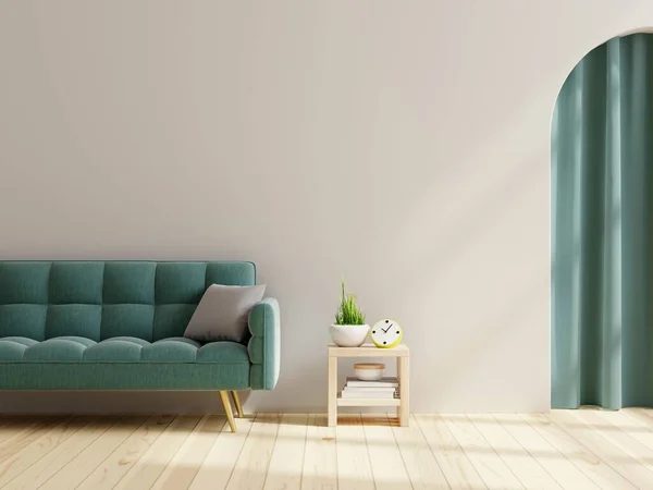 Living room with green sofa on empty white wall background.3D rendering