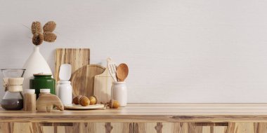 Mockup white wall with kitchen standing on wooden shelf. 3d rendering