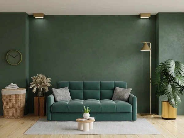 Green Wall Mock Dark Tones Green Sofa Decoration Minimal Rendering — ストック写真