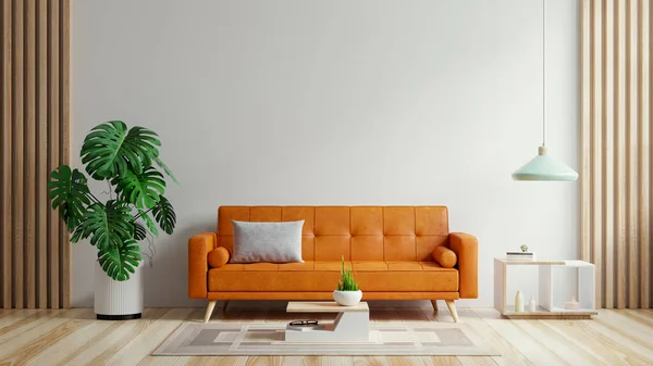 Living Room Have Orange Leather Sofa Decoration Minimal Rendering — Fotografia de Stock