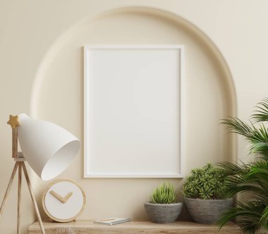Poster frame mockup with vertical white frame in home interior.3d rendering