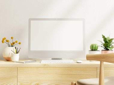 Masaüstü bilgisayarı olan beyaz ofis odası beyaz duvar arkaplan 3D görüntüleme