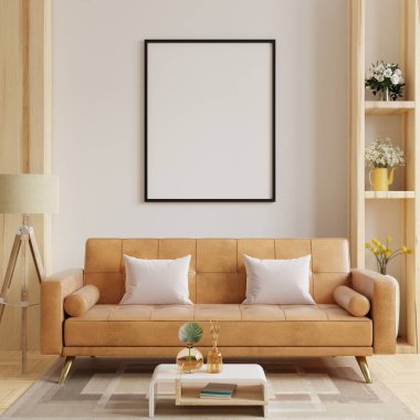 White minimalist interior living room with leather sofa and accessories in the room.3d rendering