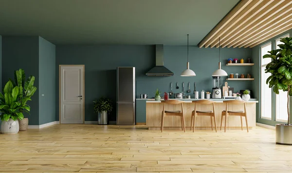 Cozy Modern kitchen room interior design with dark green wall.3d rendering