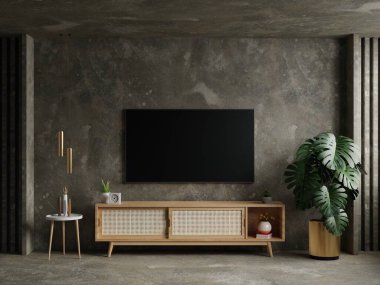 TV room in warm tones style house on on concrete wall background,minimal design.3d rendering