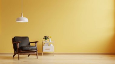 Living room has a dark leather armchair on empty yellow wall background.3d rendering