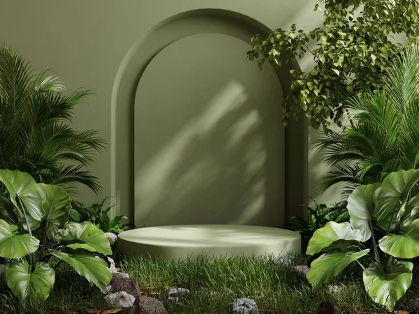 Green pedestal in tropical forest for product presentation and green wall.3d rendering