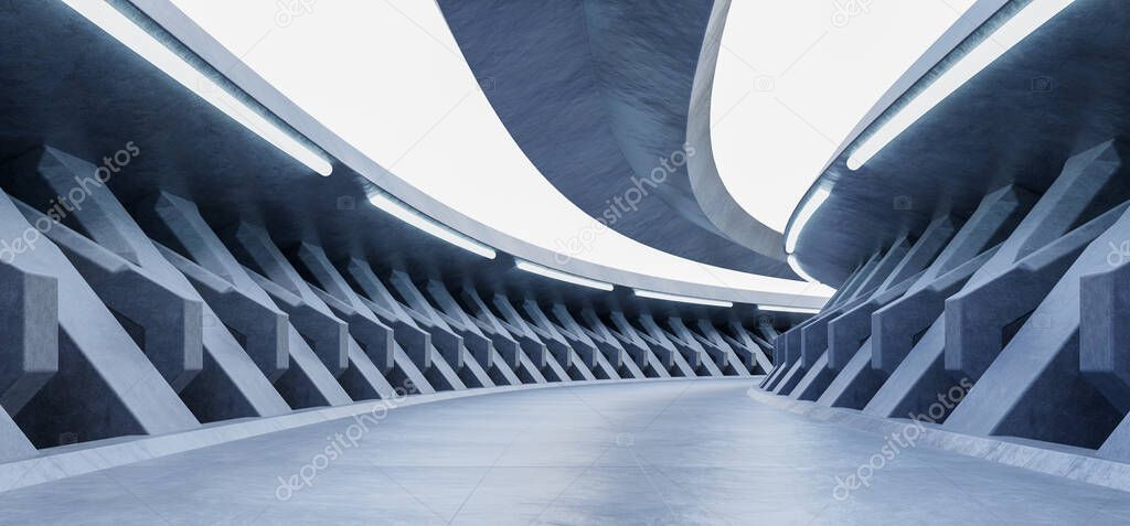 Sci fi corridor concept design and modern future background.3d rendering