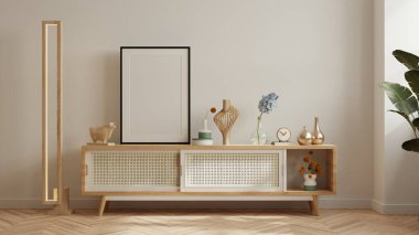 Oturma odasındaki çerçeveyi ahşap dolap ve aksesuar 3D döşeme üzerine kurun.