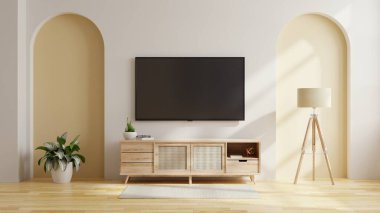 Oturma odasındaki iki renkli duvardaki akıllı televizyon, minimum dizayn 3D görüntüleme