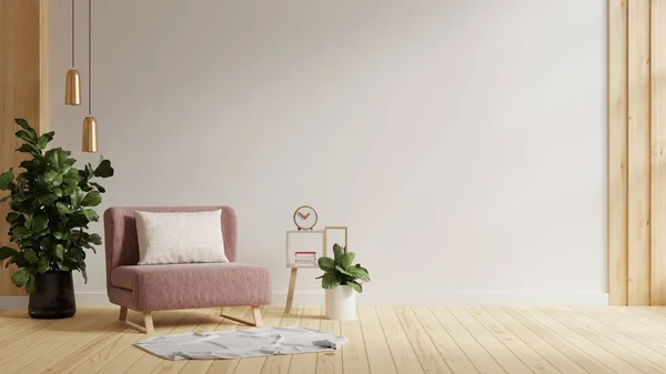 Modern minimalist interior with a pink armchair on empty white wall background.3d rendering