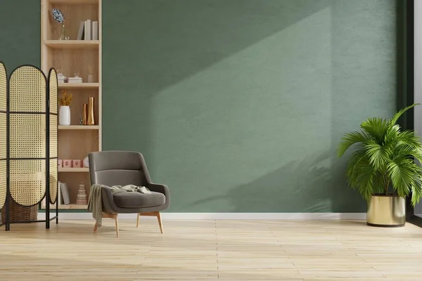 Living room with dark brown armchair on empty dark green wall background.3d rendering