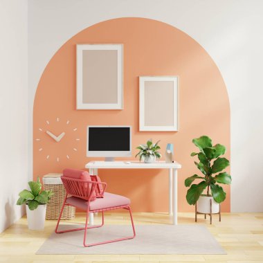 Ofis odasında iki tonlu ve pastel arka plan 33D görüntülü bir poster çerçevesi var.