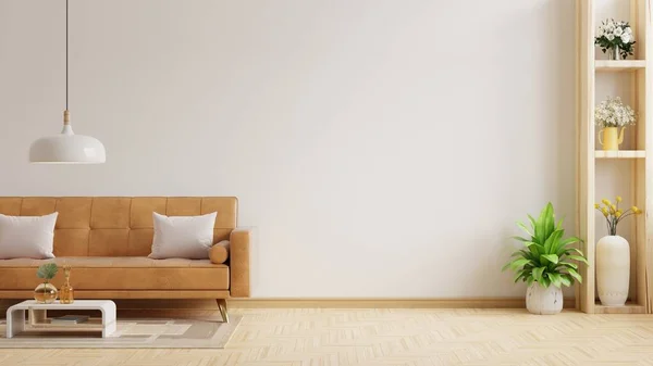 Parede Sala Estar Simular Com Sofá Couro Decoração Branco Background — Fotografia de Stock